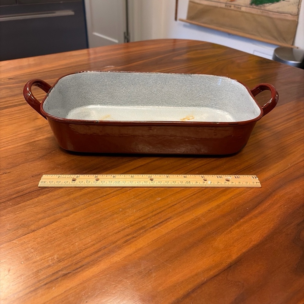 Brown Blue Gray Rectangular Enamelware Graniteware Casserole Dish Handles RARE